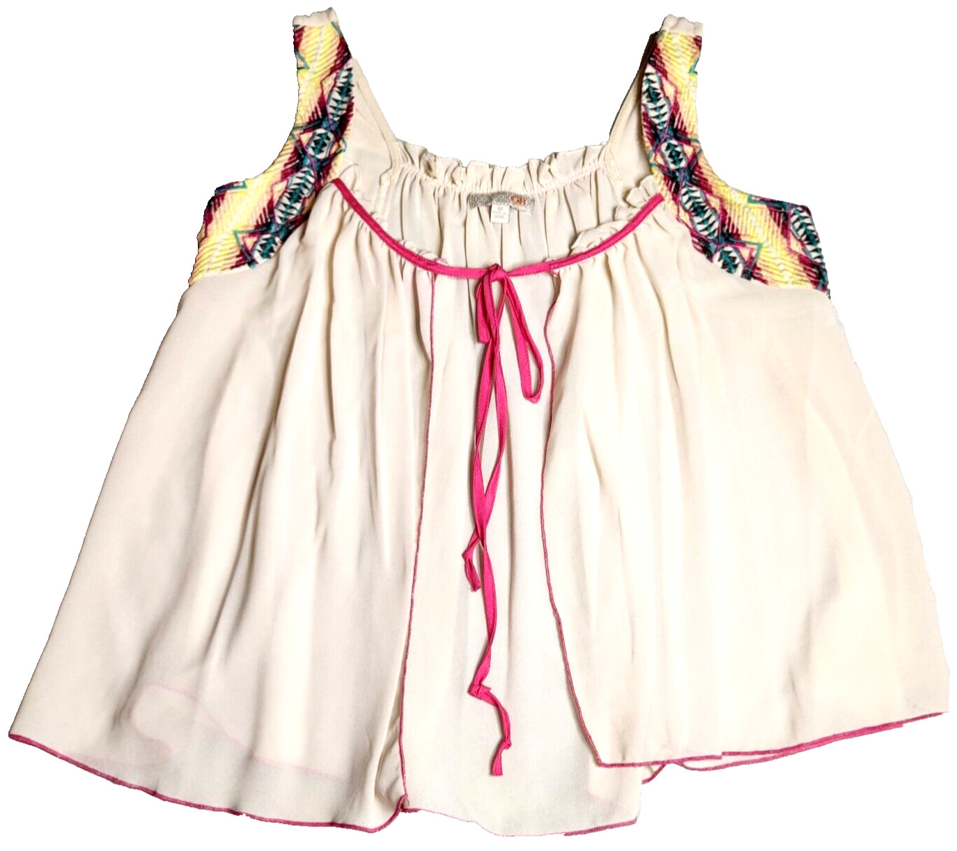 GB Womens Sleeveless Top Sz M Cream Colorful Trim Tie-Neck Boho Semi Sheer