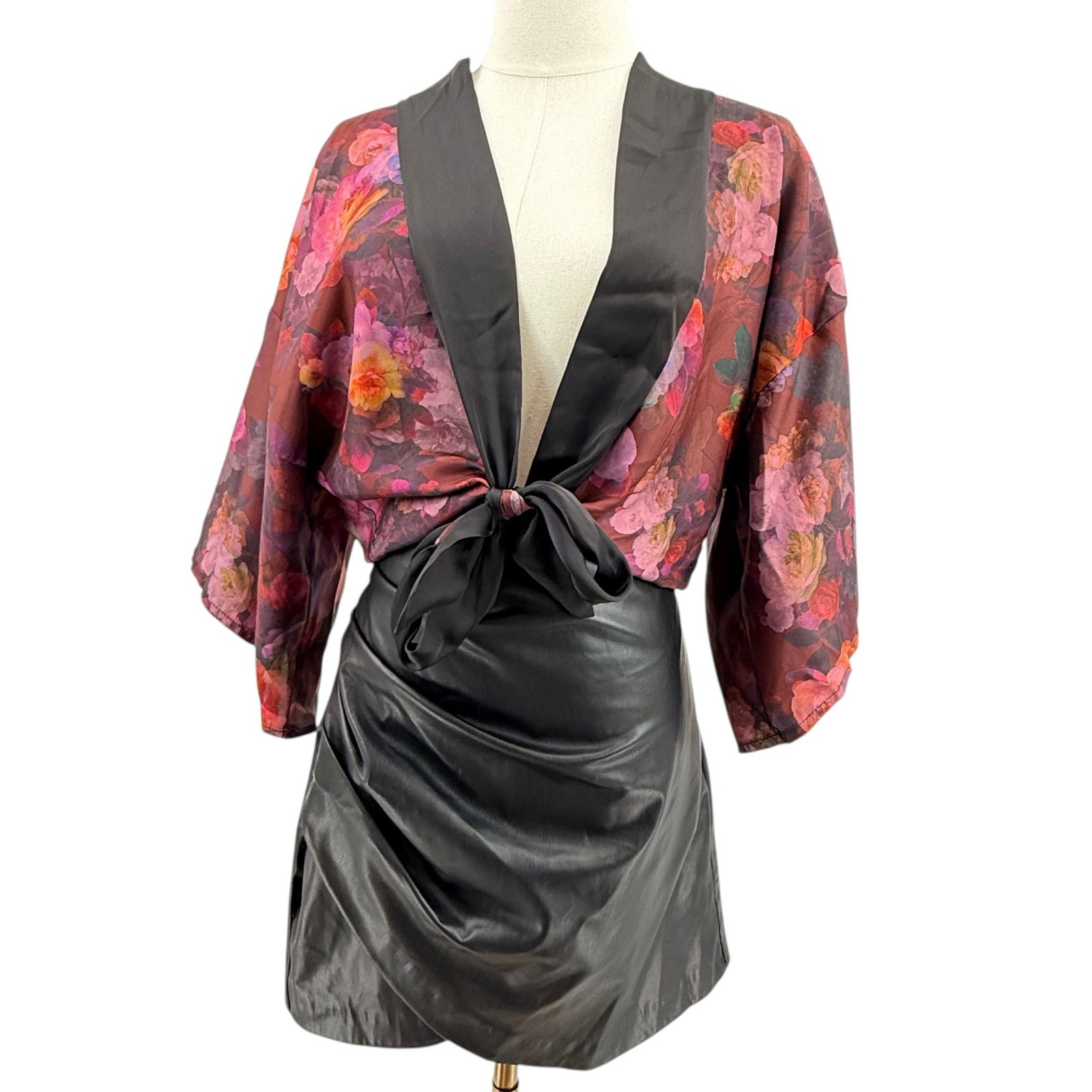 One & Only Women’s Floral Kimono Wrap Top Shirt Burgundy Pink Medium