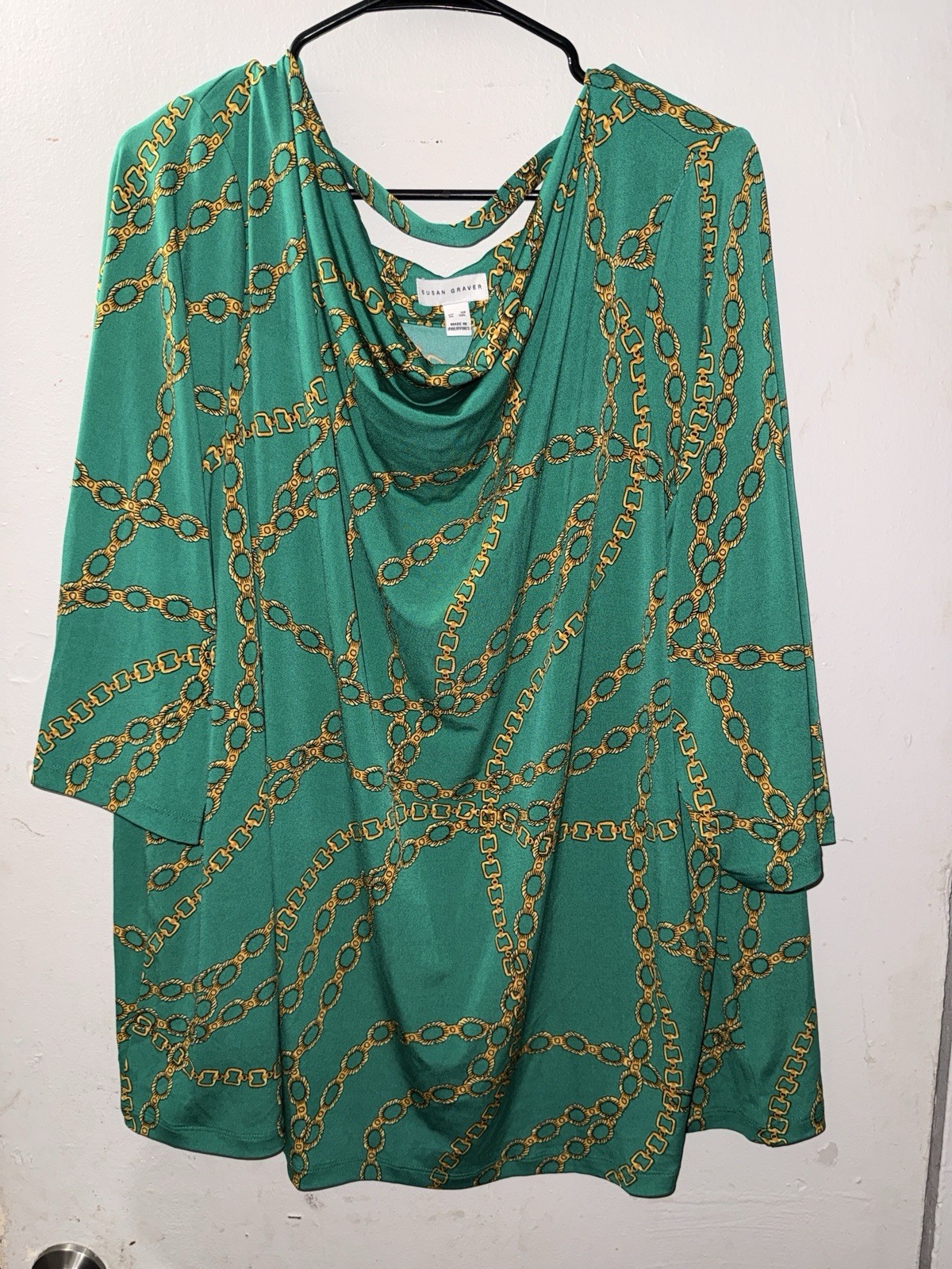Susan Graver Green Blouse W/Gold Chain Print Cowl Neck 3X NWOT