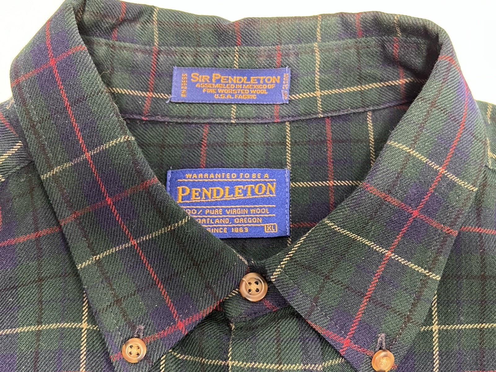 Sir Pendleton Wool Green Blue Tartan Long Sleeve Button Shirt – Extra Large XL