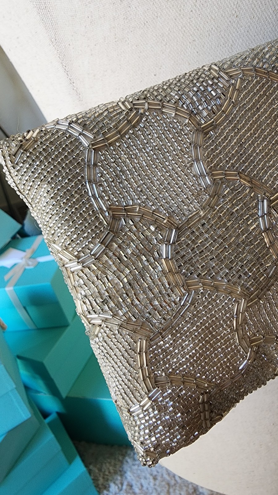 VTG – WALBORG Silver Glass Beaded Evening Purse Scalloped Mosaic w/ Original Box