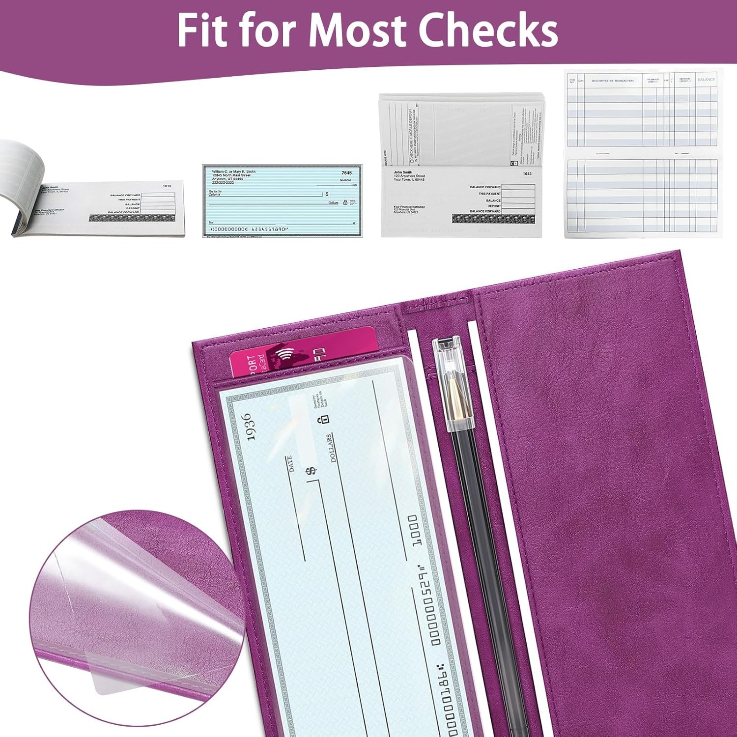 Leather Checkbook Cover for Top & Side Tear Registers Duplicate Checks with Plas