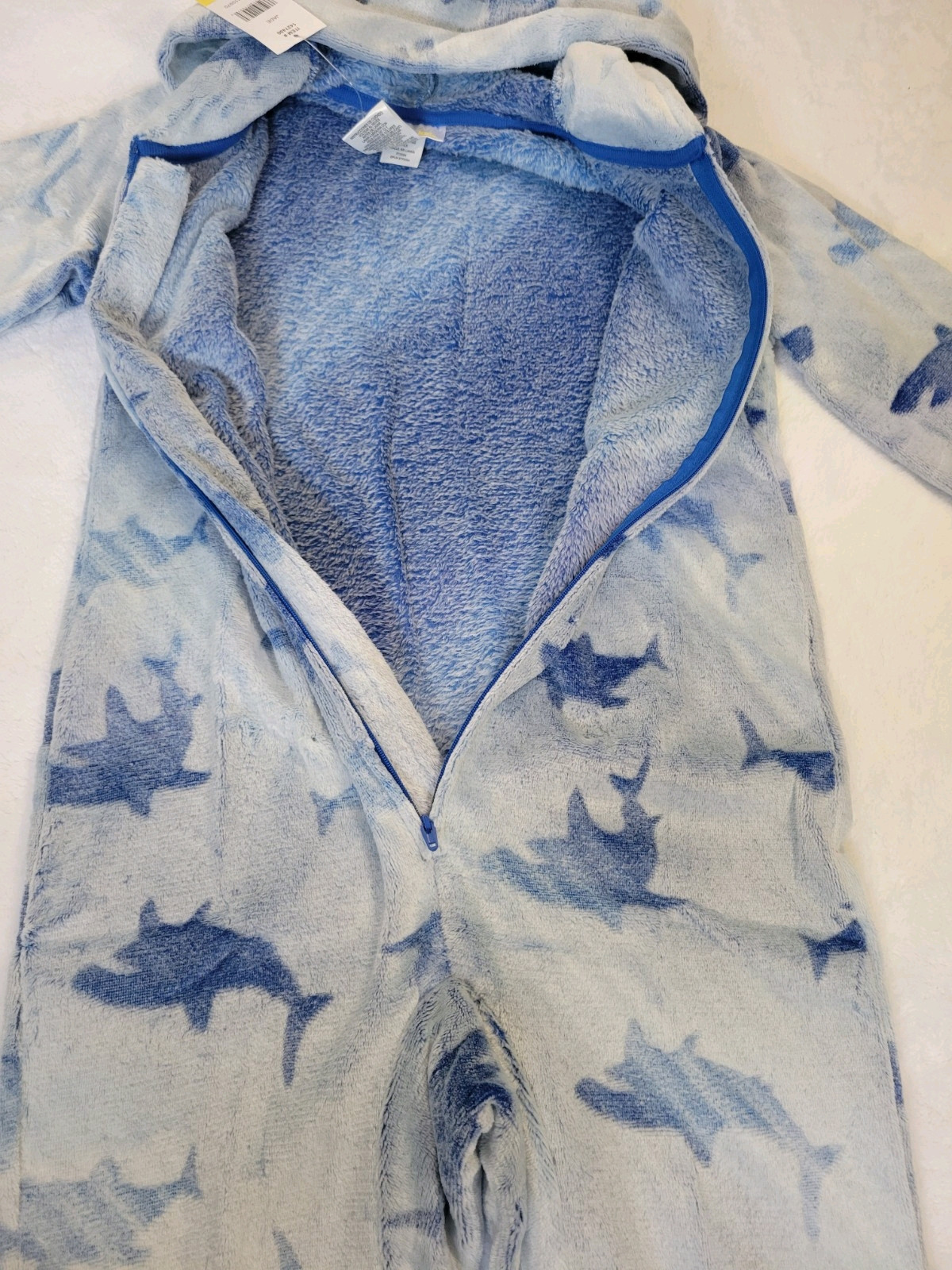 saint eve boys one piece pajamas hooded union suit XS 5/6 blue shark fleece