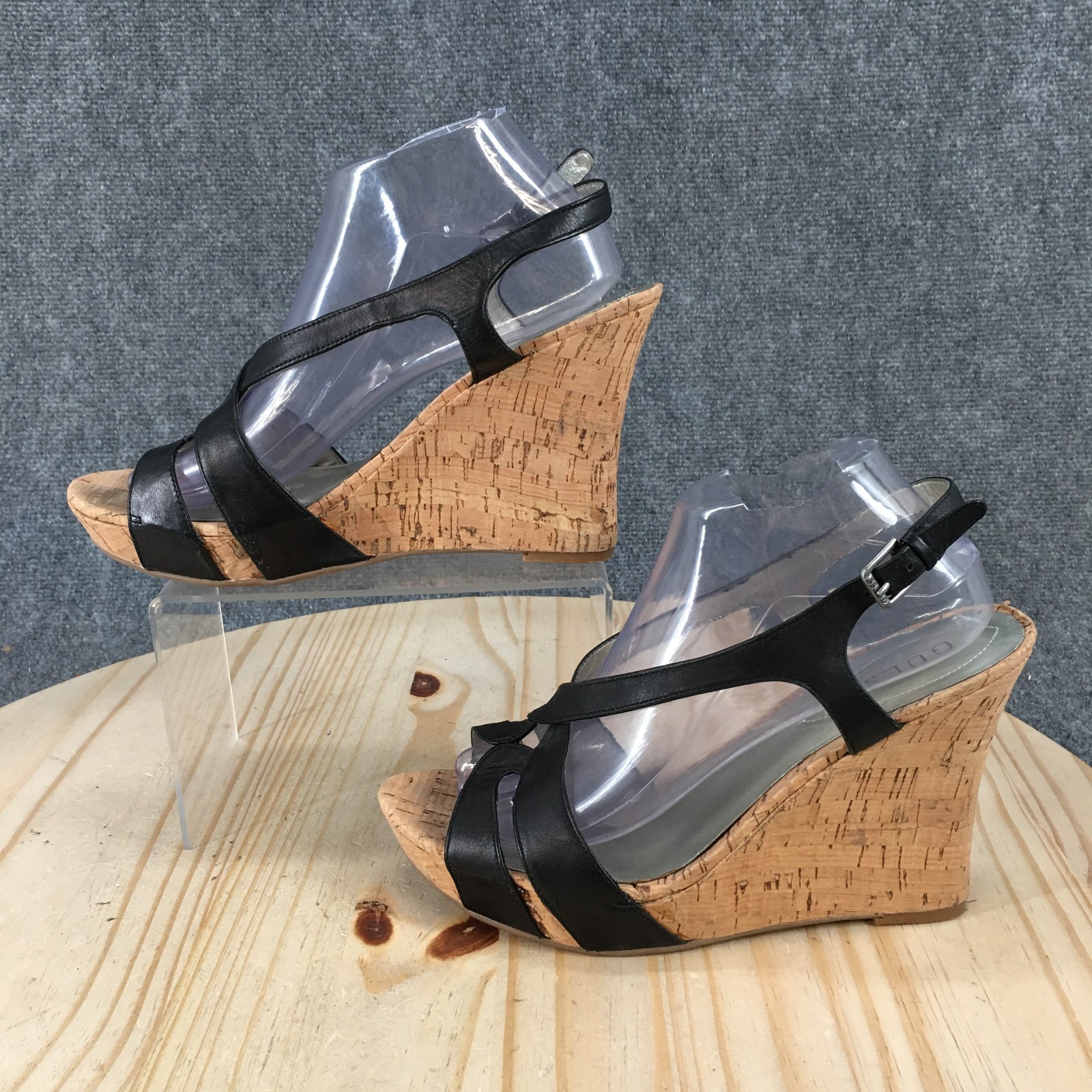 Guess Sandals Womens 9.5 M Black Arissa Strappy Leather Cork Buckle Strap Wedge