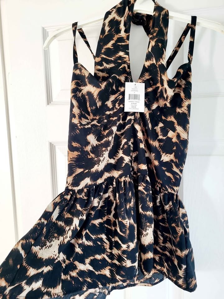 NWT Walter Baker Animal Print Halter Top Blouse Brown Leopard Sleeveless S