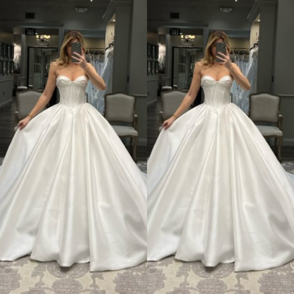 Elegant Wedding Dresses Strapless Satin White Ivory Sweep Train Bridal Gowns