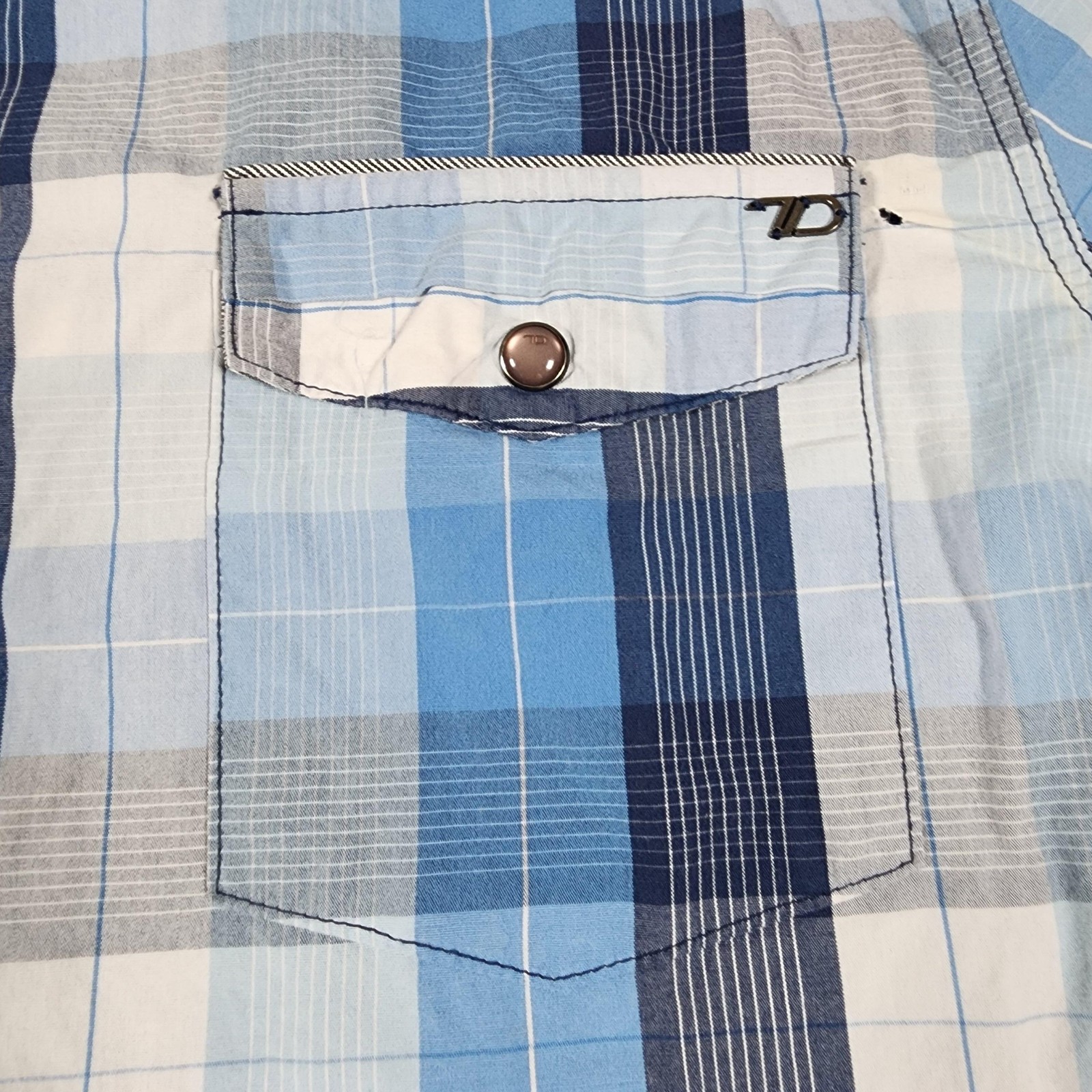 7 Diamonds Shirt Mens Large Blue Plaid Short Sleeve Button Up Snap Pockets Trim
