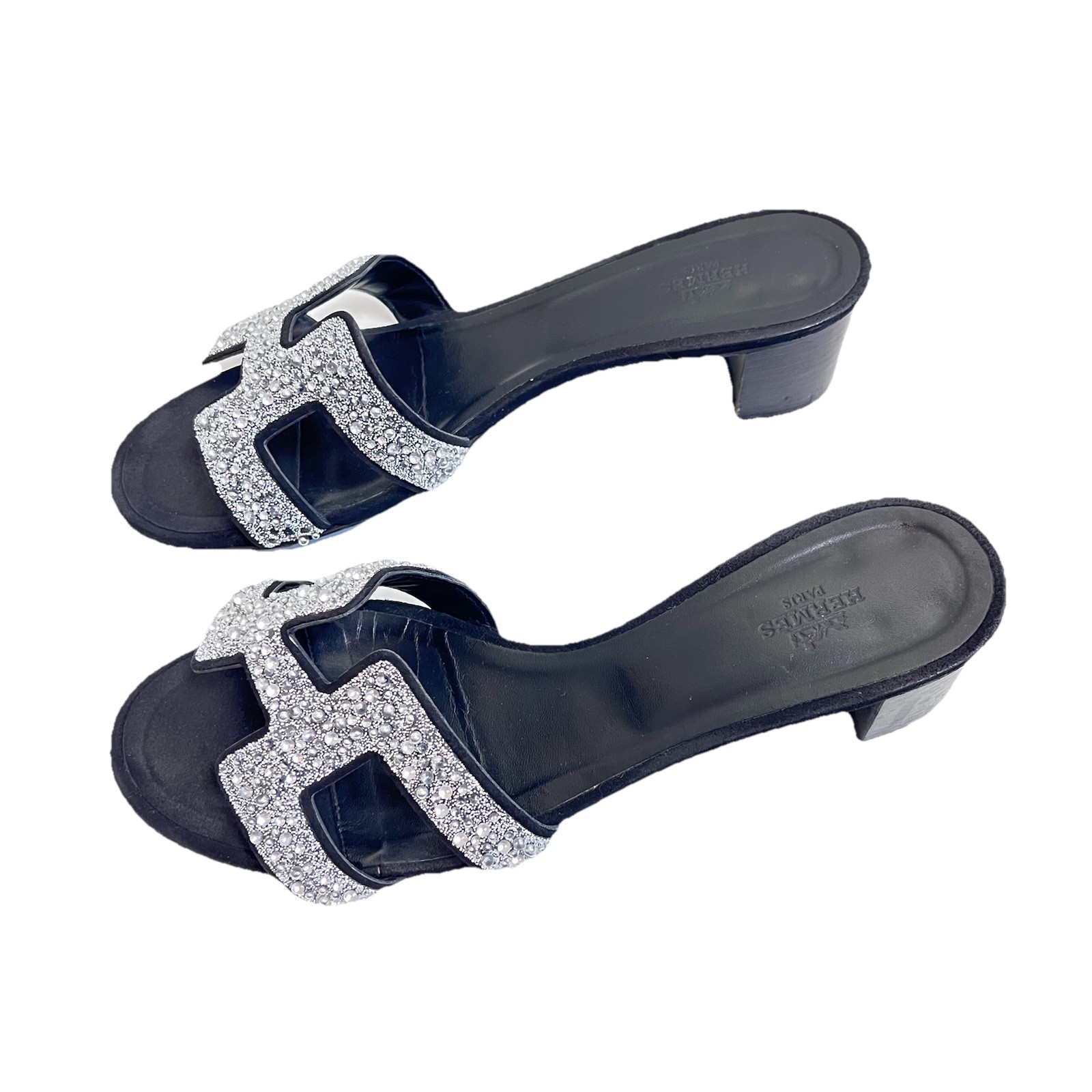 Hermès Oran Crystal Heeled Mule Sandals Black Leather 40 Silver Glitter Heels