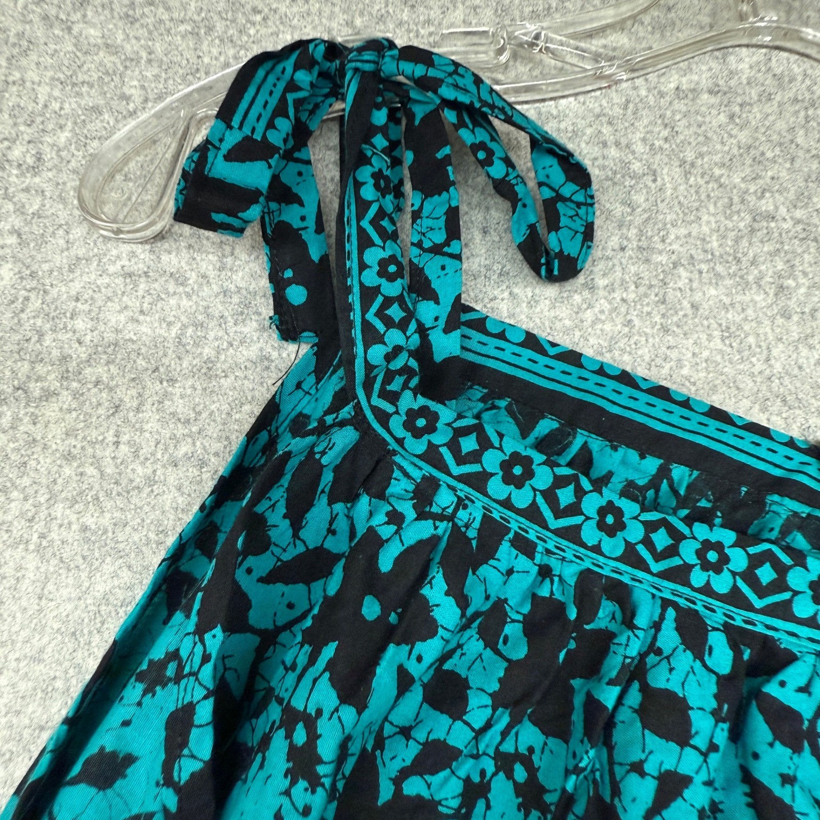 Unbranded Floral Batik Midi Dress L Teal Black Tie Strap Pockets Boho Sleeveless