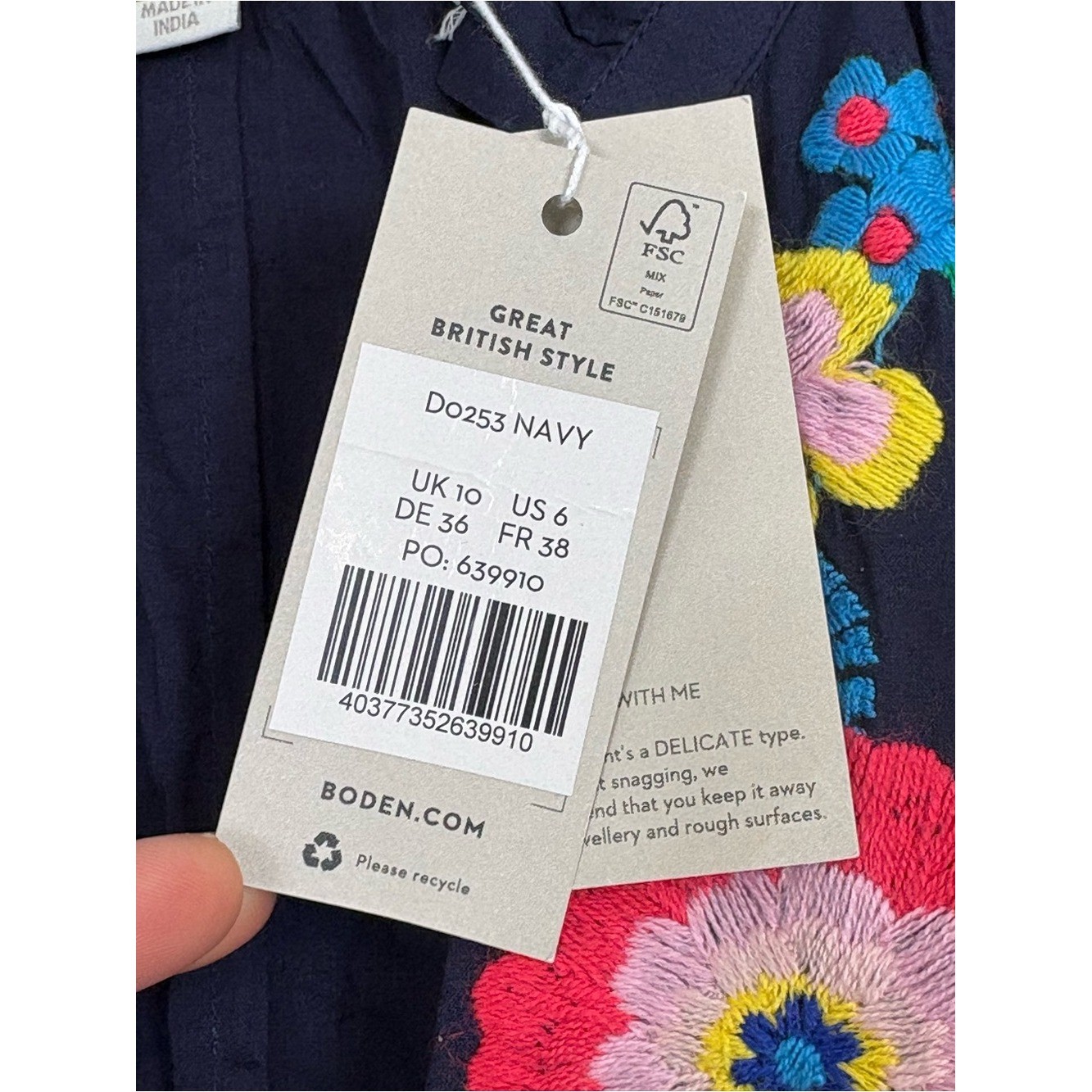 Boden Embroidered Cotton Maxi Dress Sz 6 Navy D002