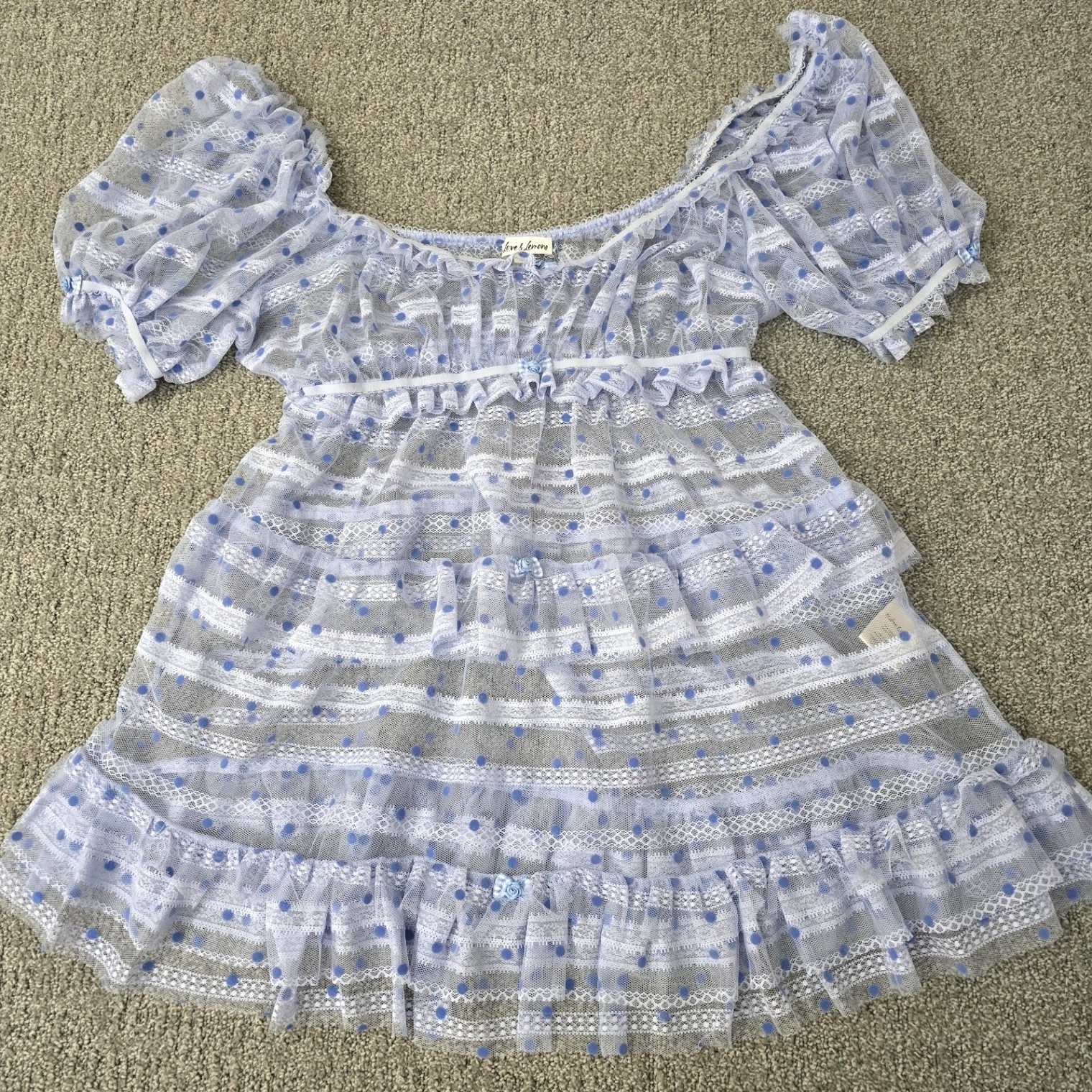For Love & Lemons Blue Polka Dot Lace Ruffle Mini Dress Sheer Romantic M