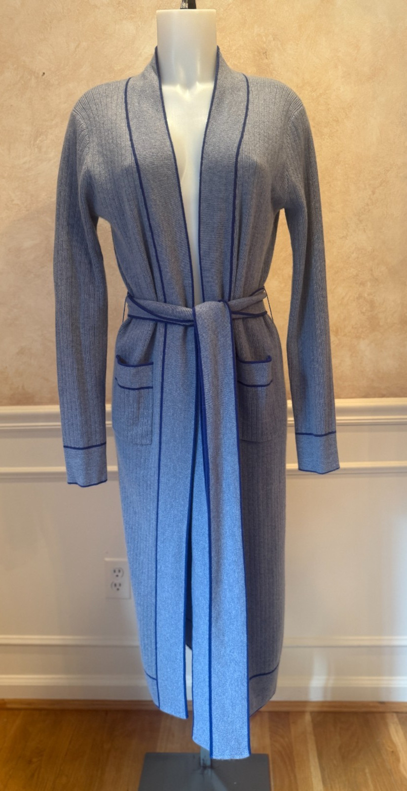 MADELEINE THOMPSON Pale Blue Gray Navy 100% Cashmere Knit Sweater Coat Duster L