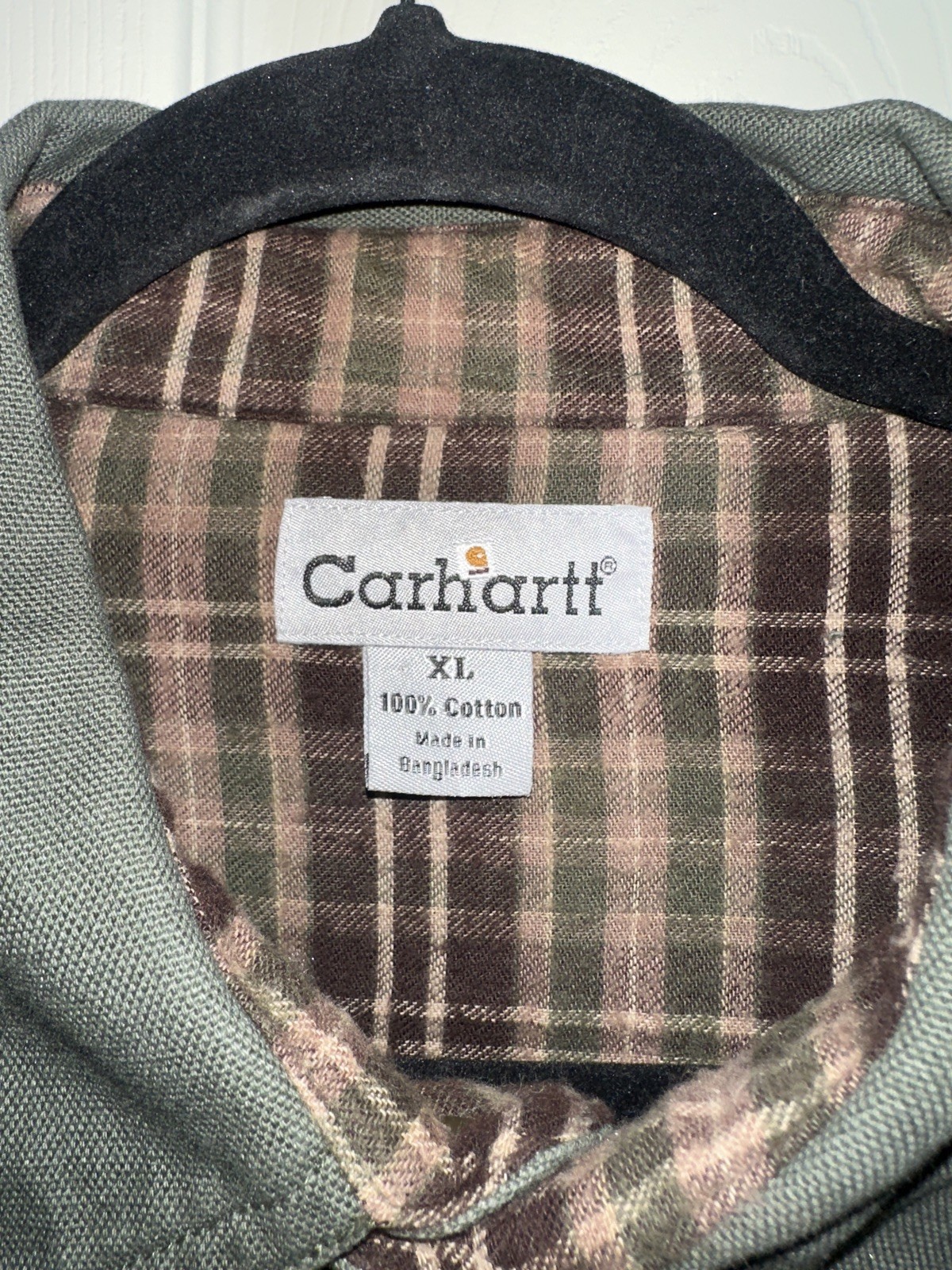Vintage Carhartt Mens XL Flannel Lined Canvas Shirt Jacket Shacket Green Plaid⁠