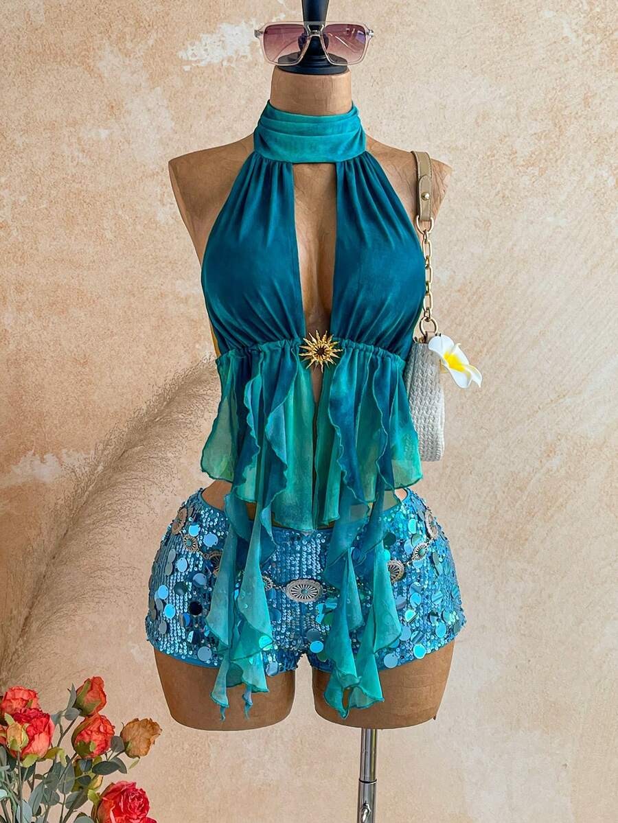 Leopard Print Halter Neck Top Backless Asymmetrical Boho Vacation Beach Blouse