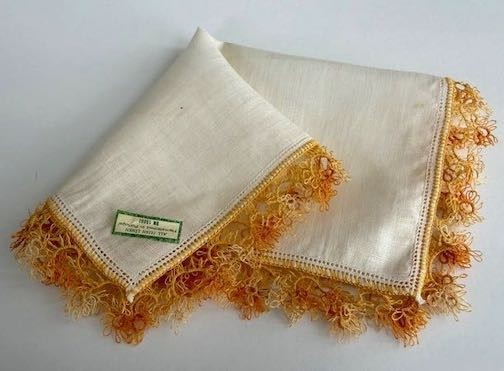 VINTAGE HANKY 1940s HAND TATTED EDGE IRISH LINEN HEMSTITCHED IN PORTUGAL ORANGE