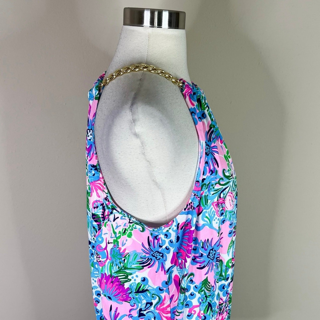 Lilly Pulitzer | Bowen Tropical Pink Floral Halter Gold Chain Tank Top Large