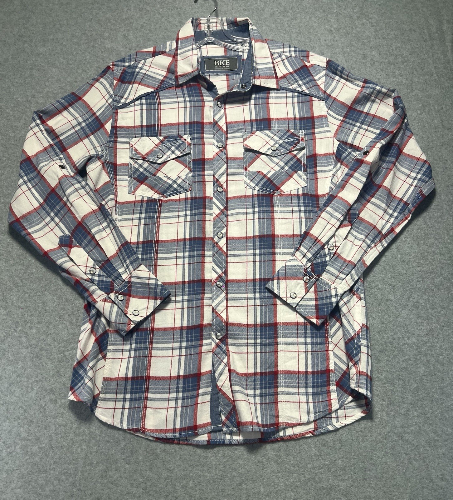 BKE Buckle Shirt Snap Button Size M Blue White Plaid Western Long Sleeve