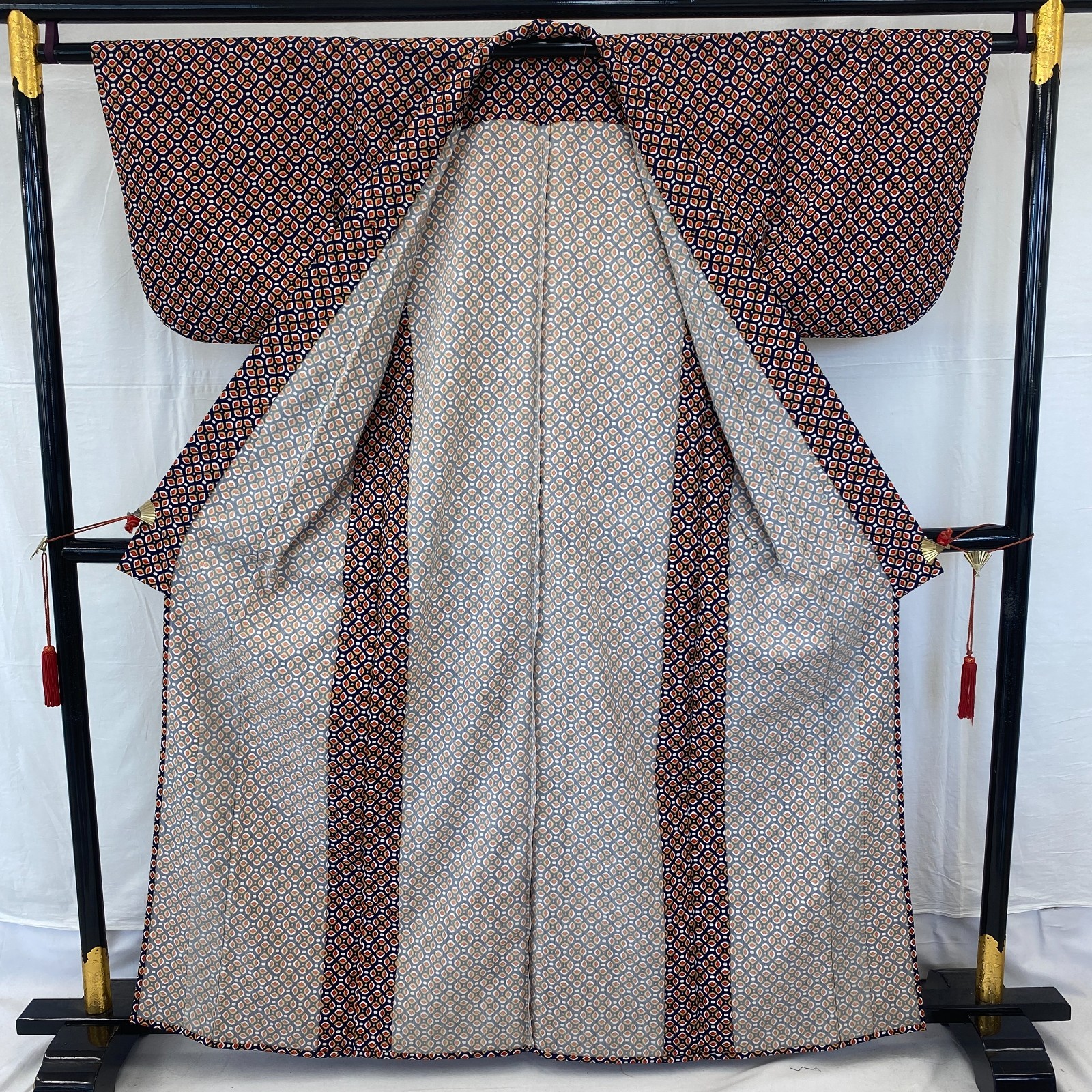 Japanese Vintage Kimono Polyester Navy No Lining Komon Traditional Length 63 in