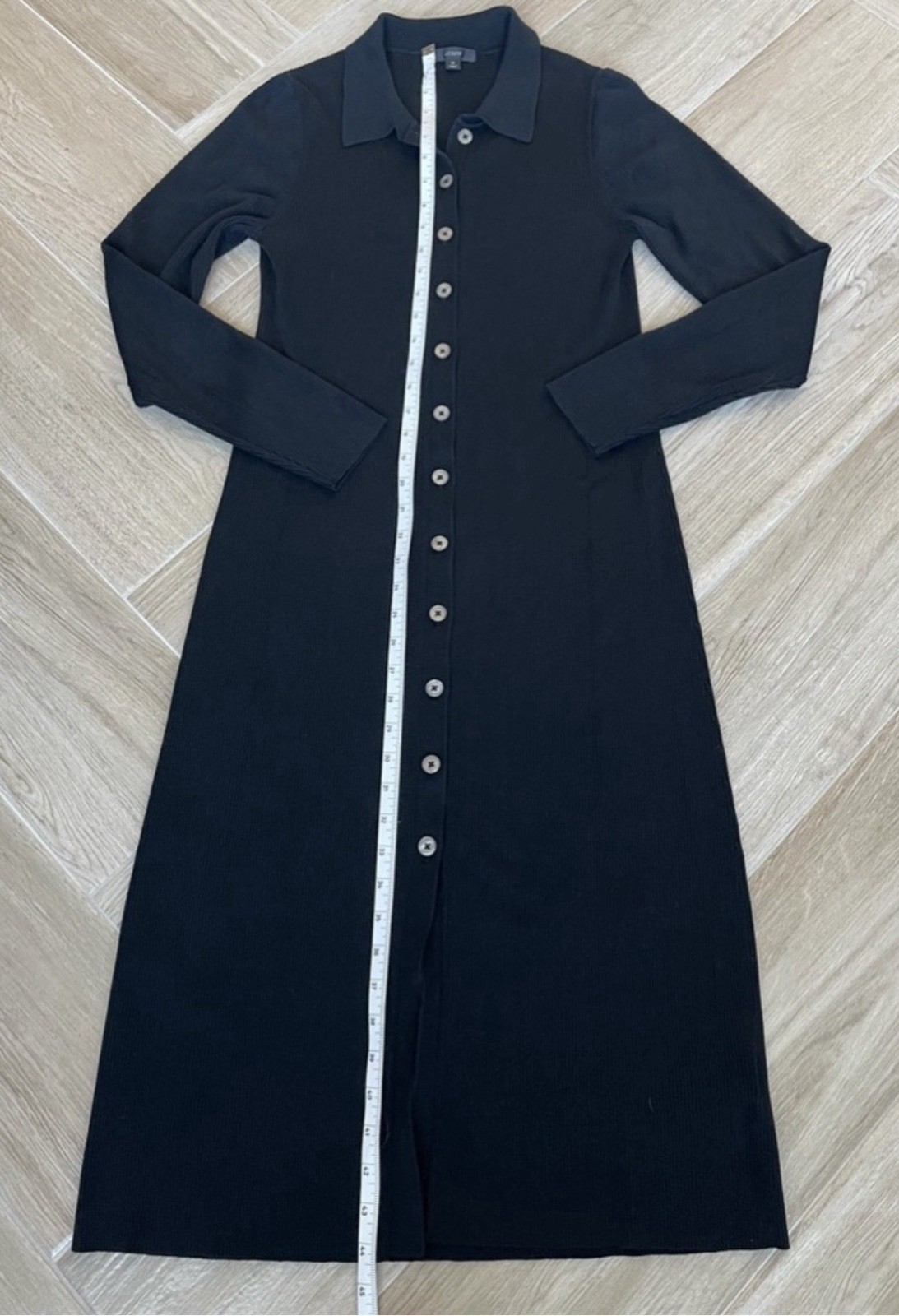 J.CREW Black Ribbed Knit Collared Button-Front Midi Shirt Dress Stretch M
