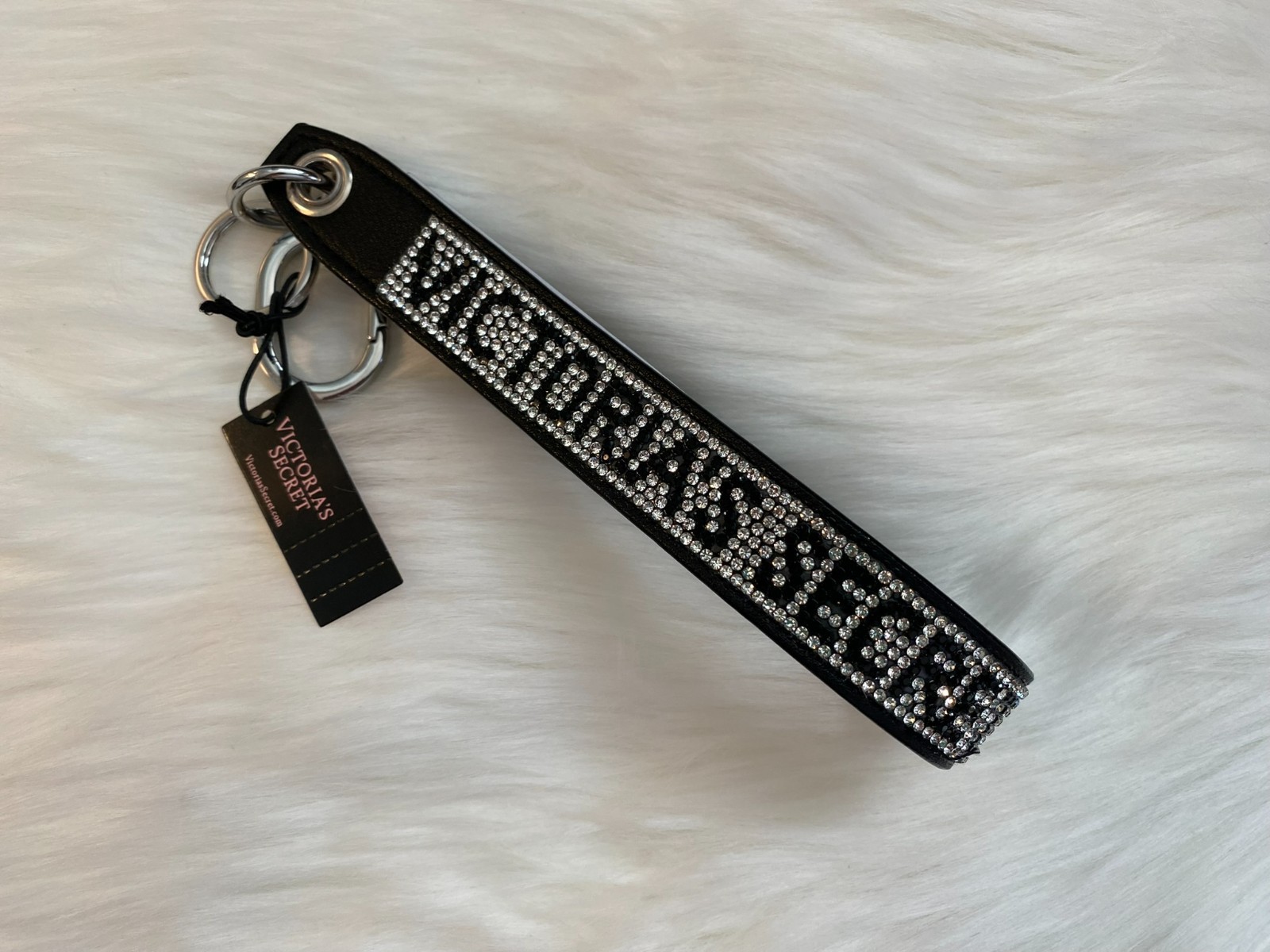 VICTORIA’S SECRET Slim Rhinestone Shine Sparkle Wristlet Keychain in Black Logo