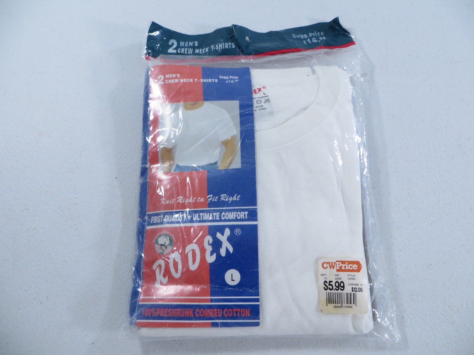 2-Pack Rodex Mens White Cotton Crew Neck T-Shirts Size Large NEW SEALED