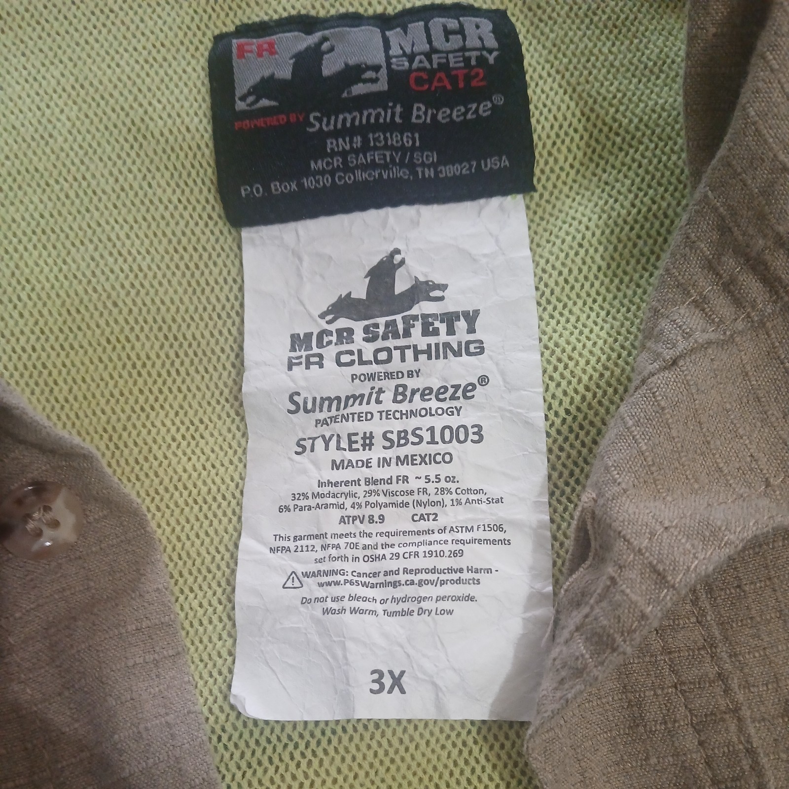 MCR Safety Mens 3X Summit Breeze FR Shirt Button Down Khaki Vented Mesh CAT 2