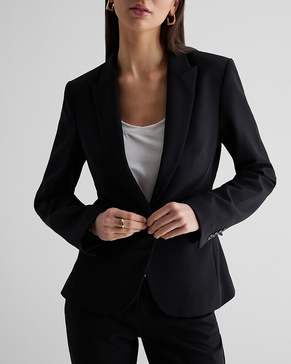 NEW EXPRESS $148 BLACK EDITOR STUDIO STRETCH TWILL FITTED ONE BUTTON BLAZER XS