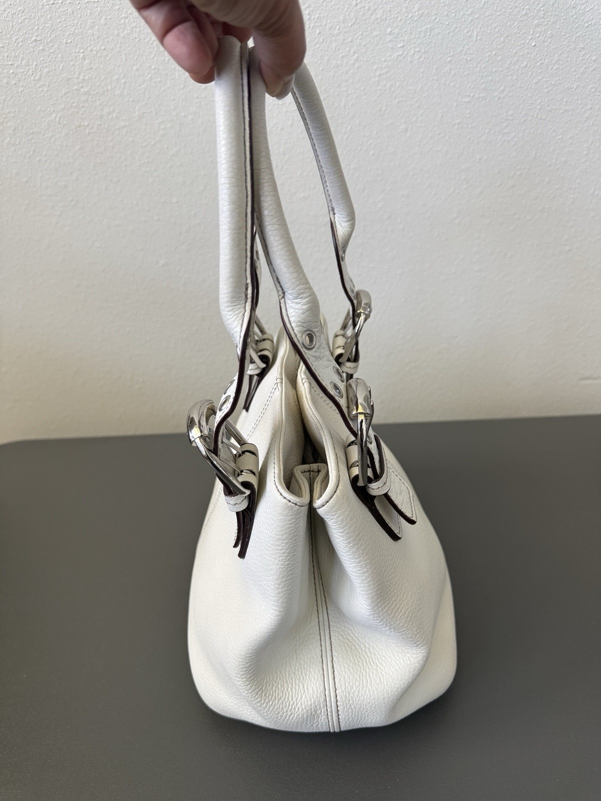 Tignanello White Pebbled Satchel Top Handle Double Handles Silver Hardware