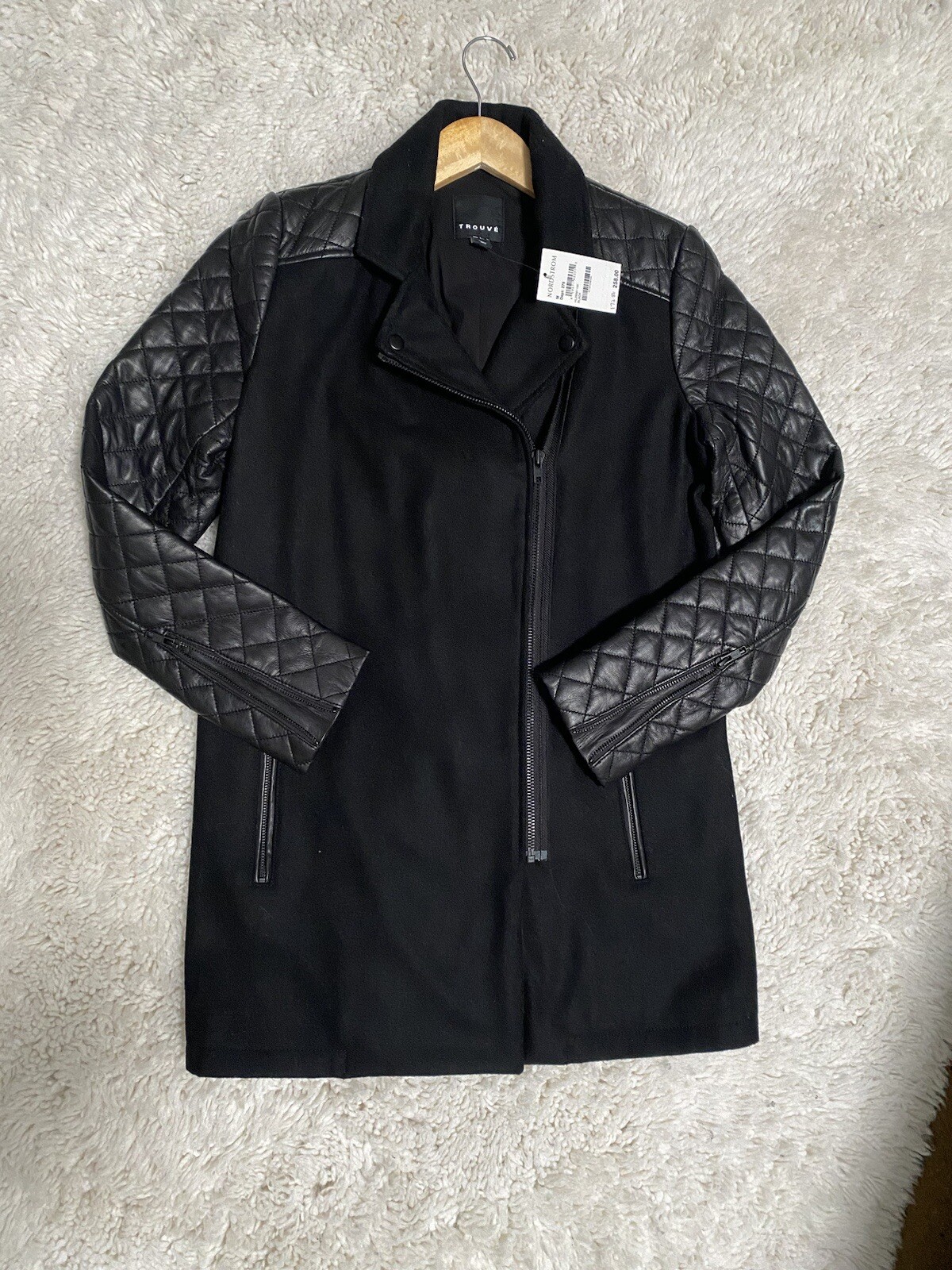 TROUVÉ Quilted 100% Leather Trim & Wool Blend Moto Jacket Women’s Sz M $258 NEW!
