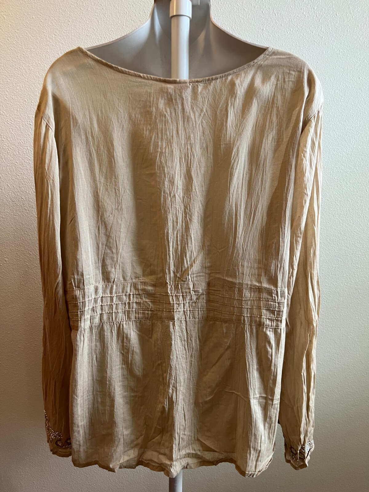 Faded Glory Blouse,Boho,Long Sleeve,Beaded,Embroidered,Pleated,Beige,Size 16W