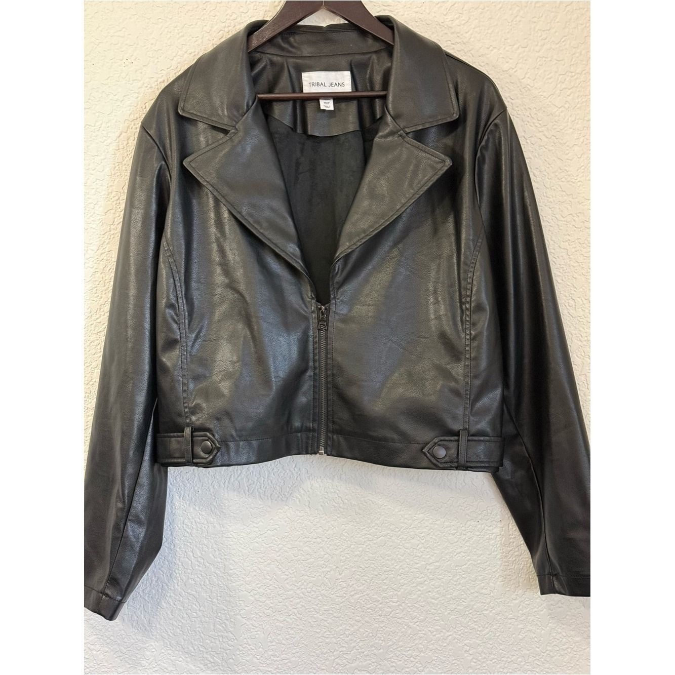 Tribal Jeans Faux Leather Moto Jacket | Black | Soft Vegan Leather | TTG/XXL