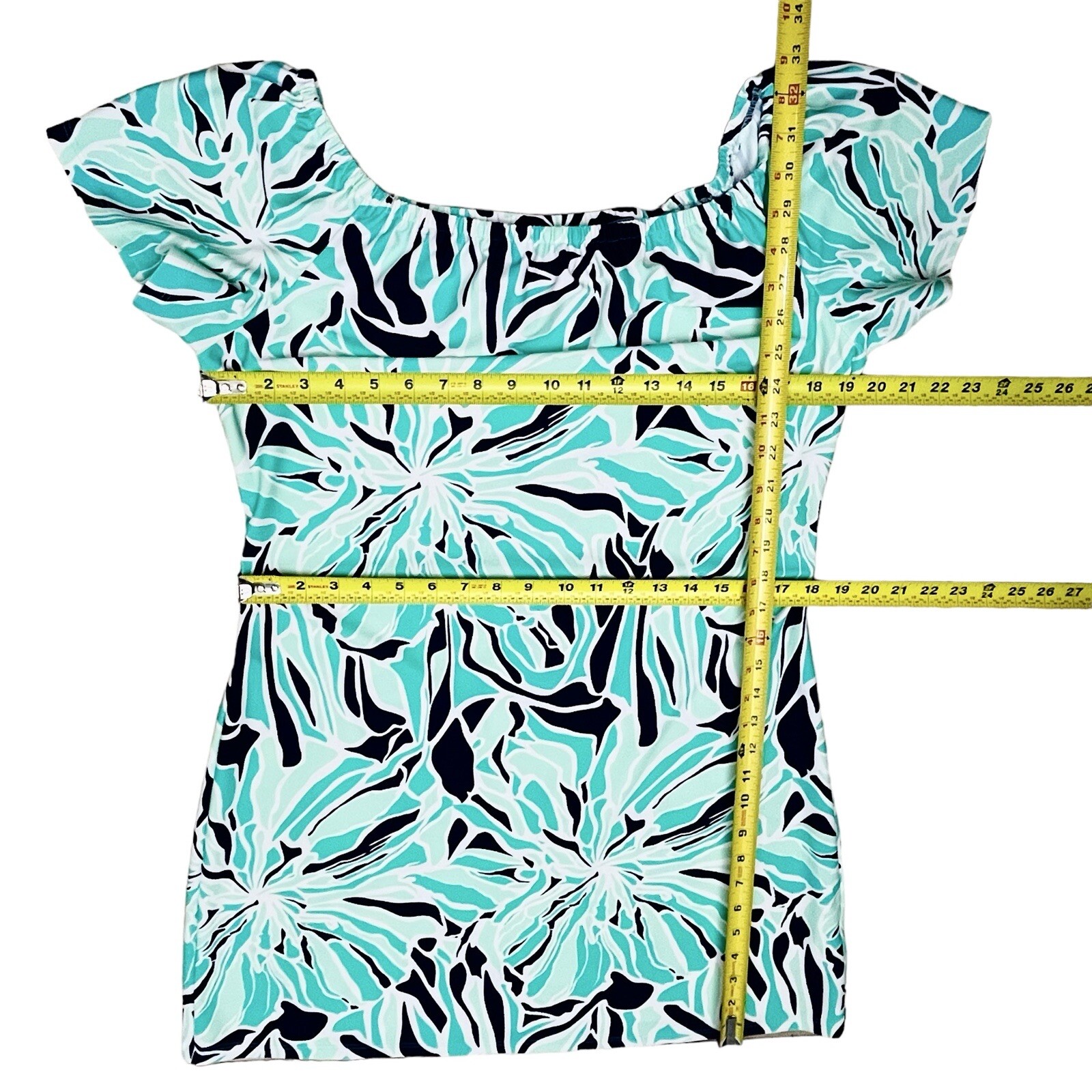 Britt Dress Resort Made USA Teal Abstract Print Pullover Shoulders Off Soft L