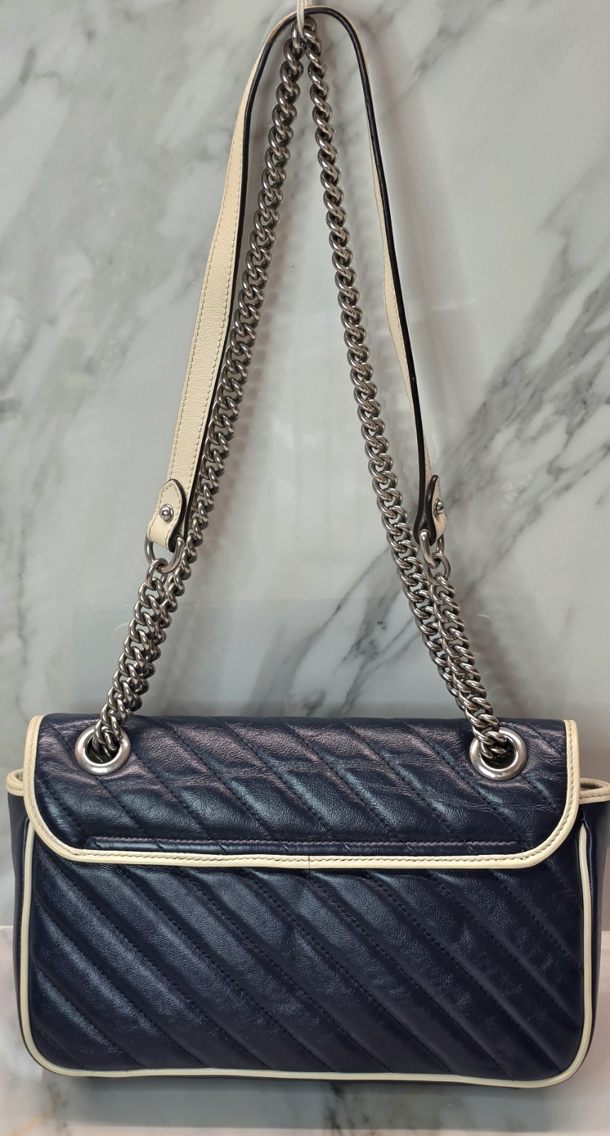 Gucci GG Vintage Effect Marmont Blue Chevron Matelasse Shoulder Bag MSRP: $2,590