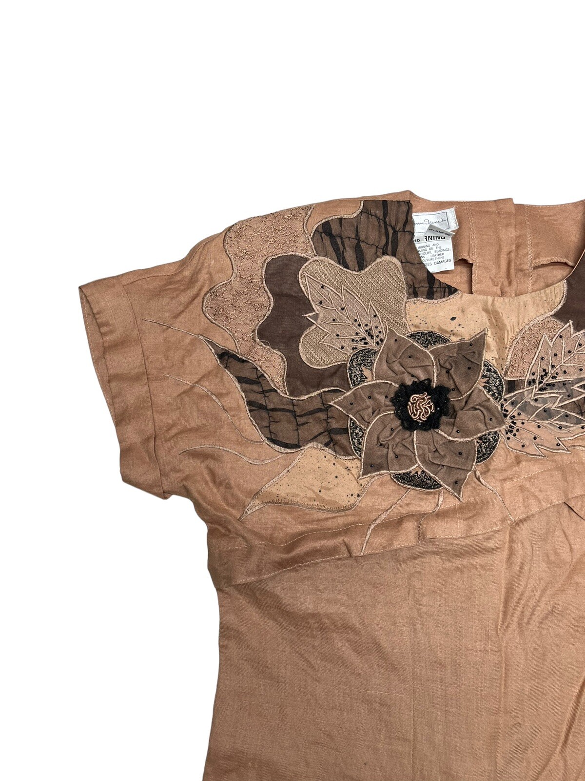 Vtg NOS Anne French Artsy Art to Wear Embellished 100% Ramie Blouse SZ 10 Khaki