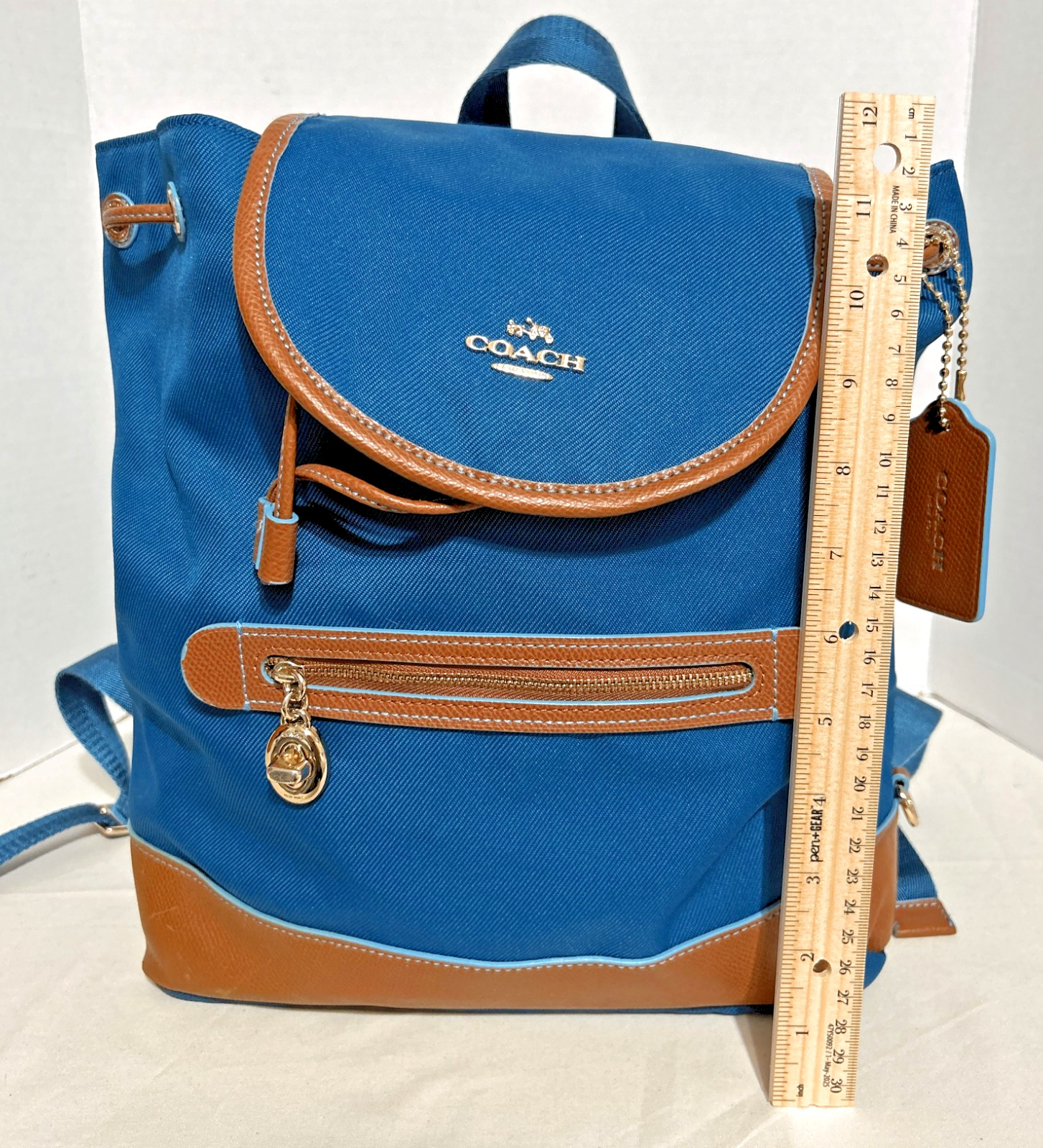 Coach Sawyer Backpack 37240 Canvas Nylon Leather Bright Mineral Blue Drawstring