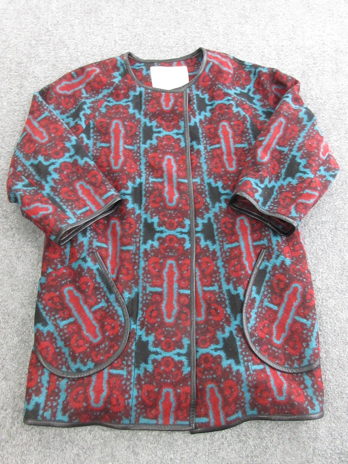 Cartonnier Coat Womens Large Red Tribal Geometric Buckle Wool Pockets Lined