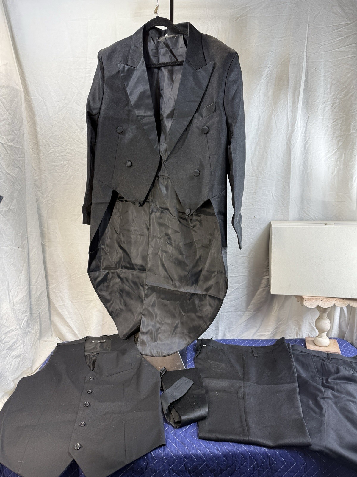 5-Piece Black Tailcoat Tuxedo Set – Jacket, Pants, Vest, Cummerbund, Bow Tie
