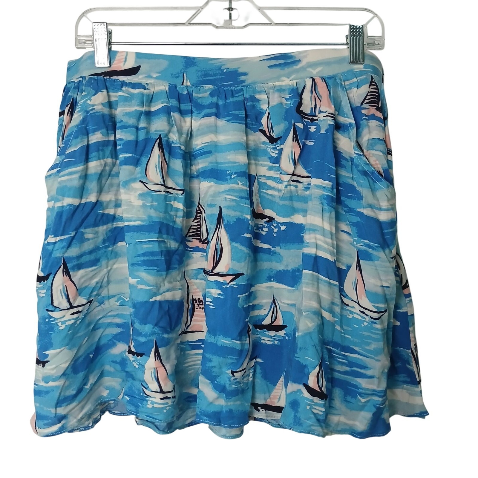 Lauren Conrad Skirt Sz L Blue Sailboat Island Skirt W/ Pockets 100% Rayon #D-46