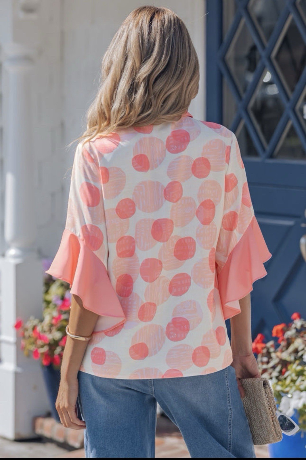 Pink Double Polka Dot Ruffle Trim Babydoll Shirt L