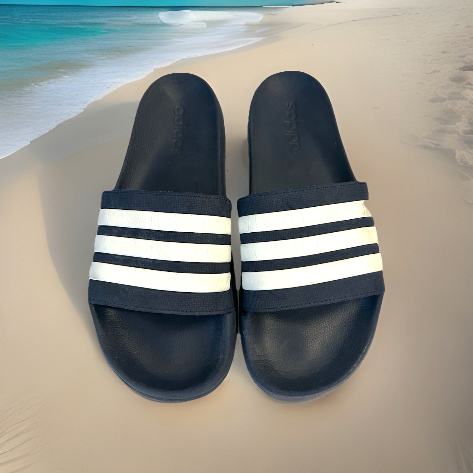 ADIDAS GZ5920 Men’s Size 11 Navy Blue w/White Strips Slide on Sandals Shoes