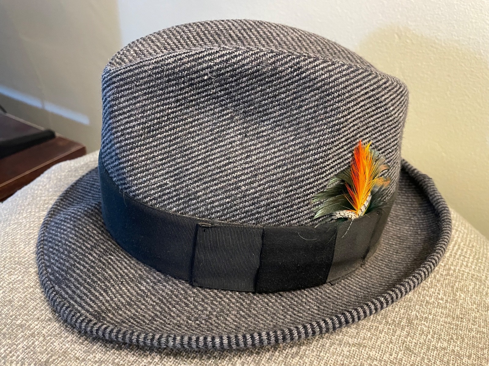 Vintage Robert Royal All Wool Fedora Hat Small Gray with Feather & Braided Band