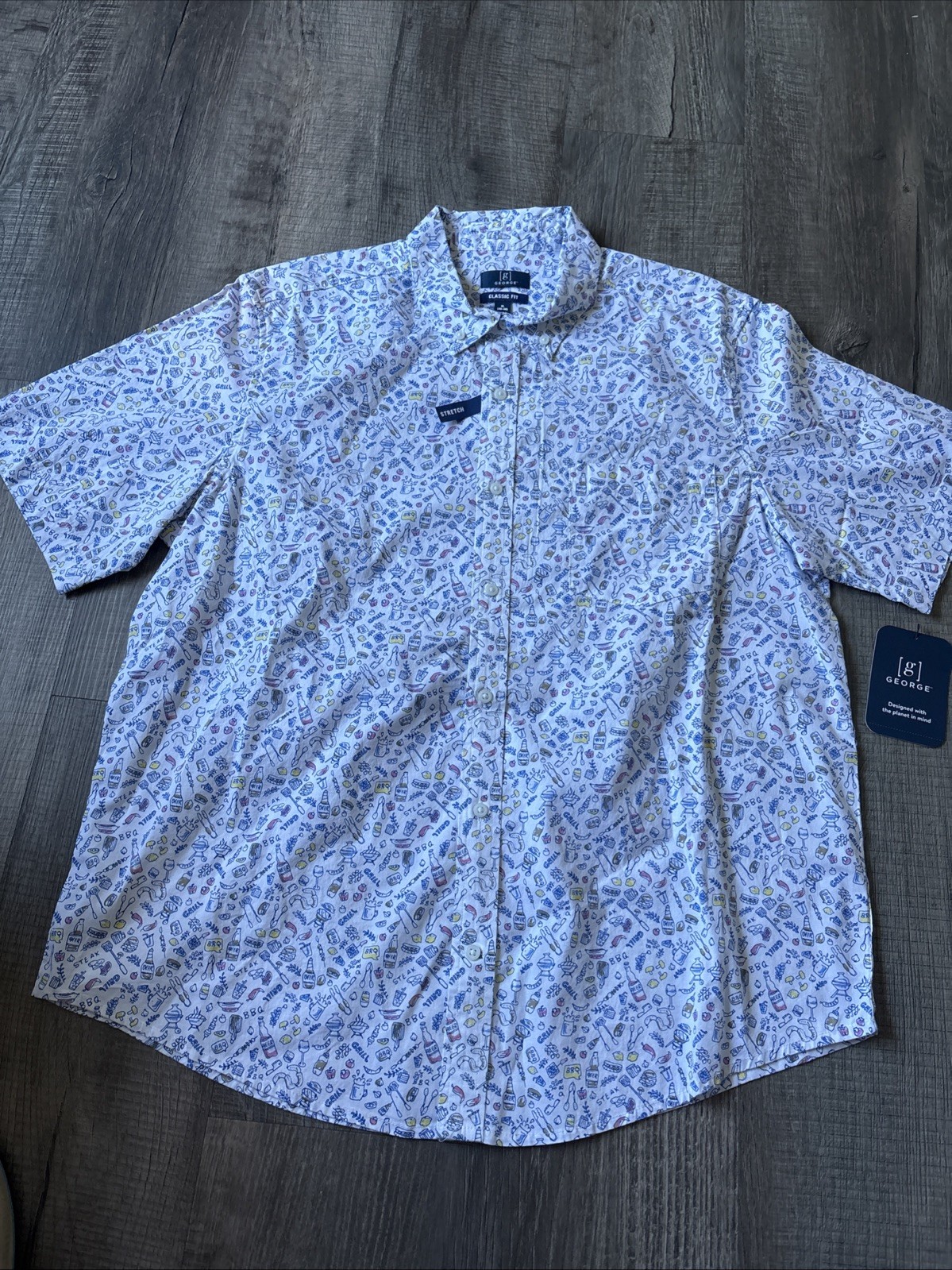 George Short Sleeve Poplin Vivid White BBQ Theme Stretch XL 98%Cotton/2%Spandex