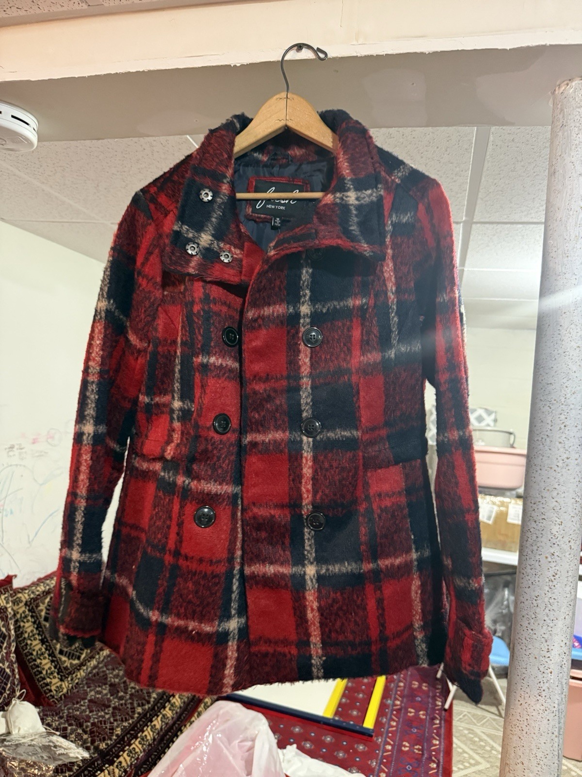 New Fresh New York Red Plaid Double Breasted Pea Coat Size M Misses Womens
