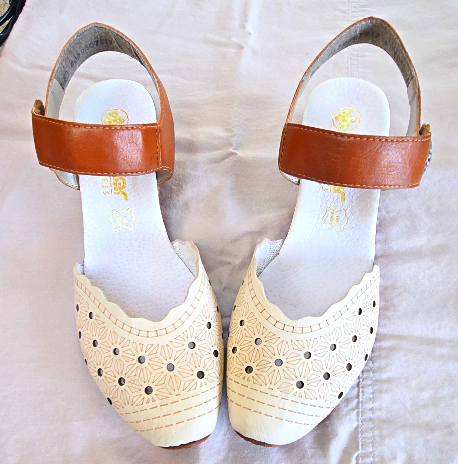 Rieker Leather Slingback Sandals Beige/Brown Cut-Out Hook & Loop EU 38