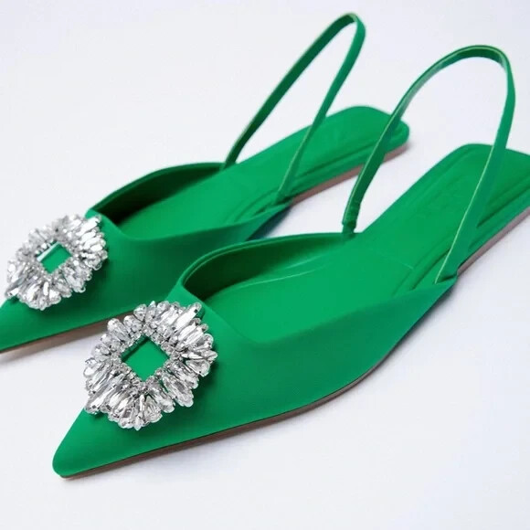 NWT ZARA Brand New Size 6US/36EU Green Jewel Embellished Sling-back Flats