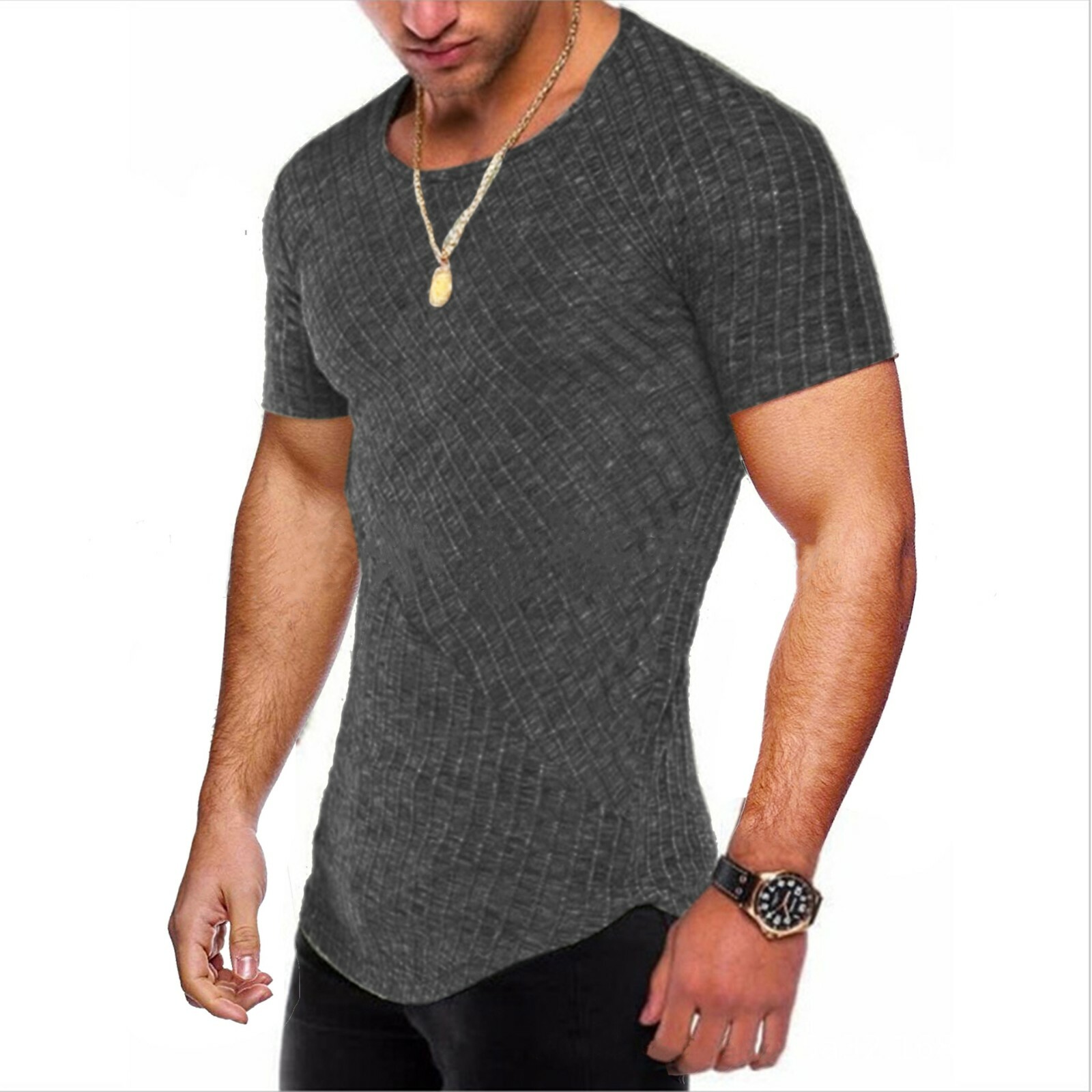 Men Casual Round Neck Top Training Muscle Fitness Active T-Shirt Slim Fit Tee
