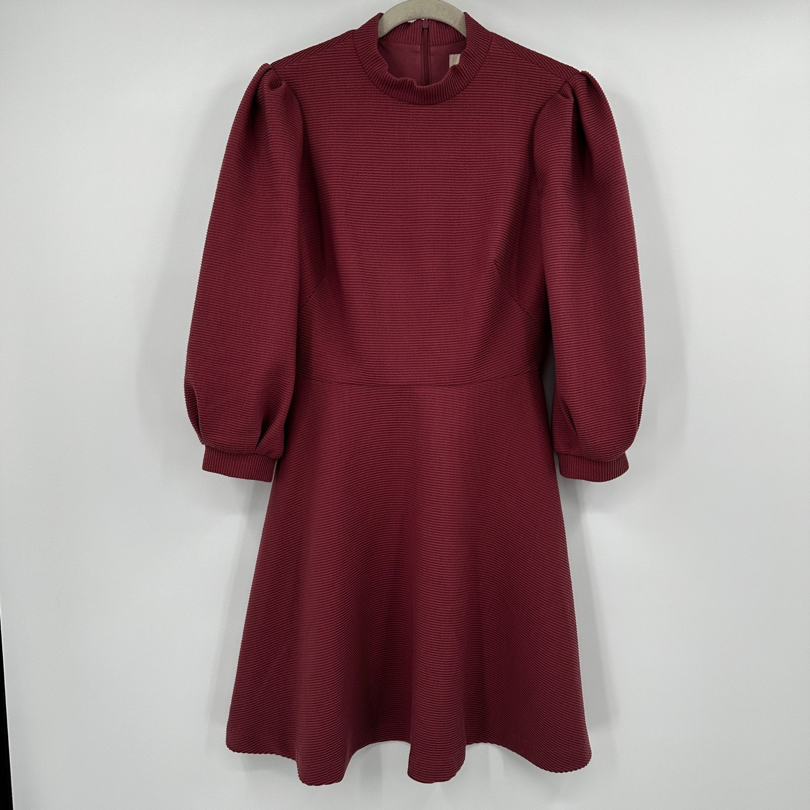 Gal Meets Glam Burgundy Ribbed Puff Sleeve Fit & Flare Mock Neck Dress 6 Modest