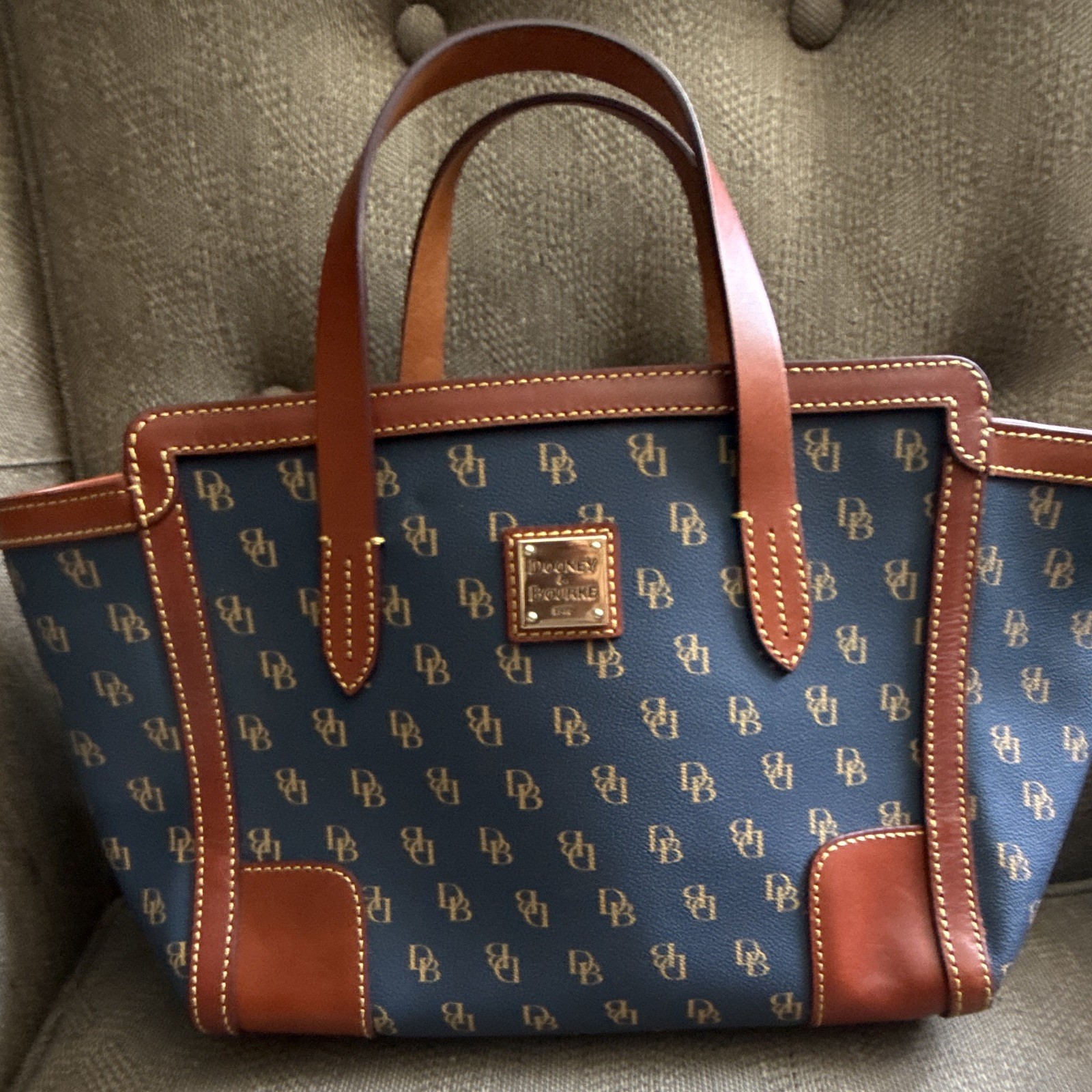 Dooney & Bourke Navy/Brown Monogram Zip Satchel, Strap, Gold Hardware, Pockets