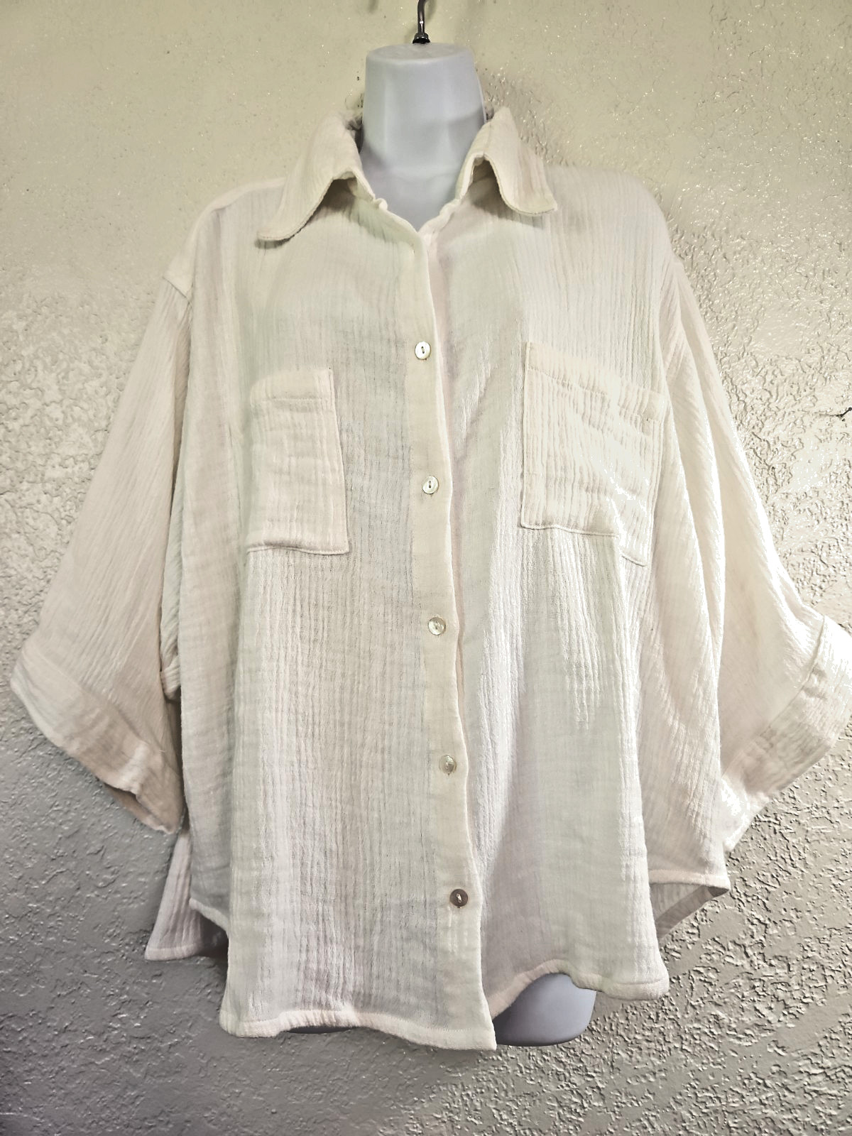 Myrah Penaloza Sz S/M LinenCotton Gauze Button Front Top Oversized Handmade Bali
