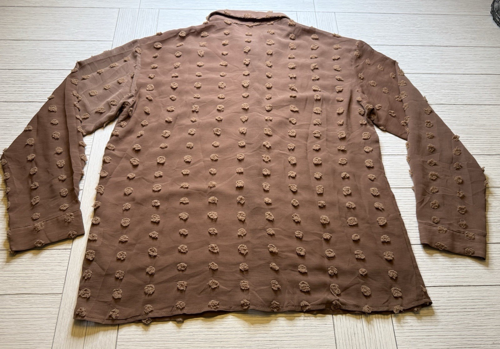 Brown Semi Sheer Swiss Dot Long Sleeve Button Up Boho Poly Collared Blouse Sz XL
